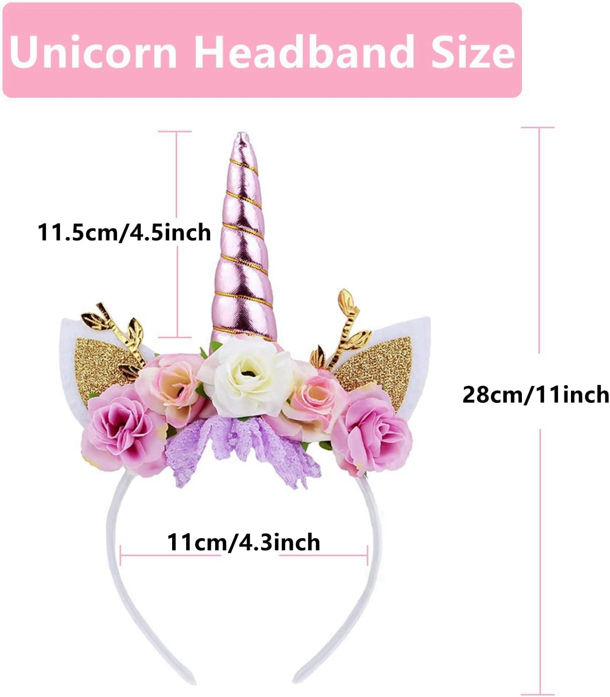 Nishine Unicorn Horn Floral Headband Glitter Ears Pony Headbands Tiara for Girls Party Birthday Cosplay image number 1
