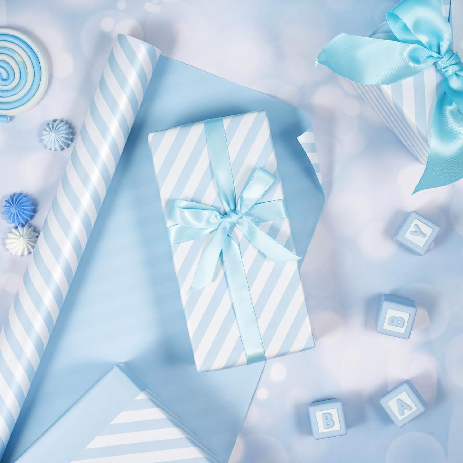 WRAPAHOLIC Reversible Wrapping Paper - Mini Roll - 17 Inch X 33 Feet - Baby Blue and Stripes Design for Birthday, Holiday, Wedding, Baby Shower