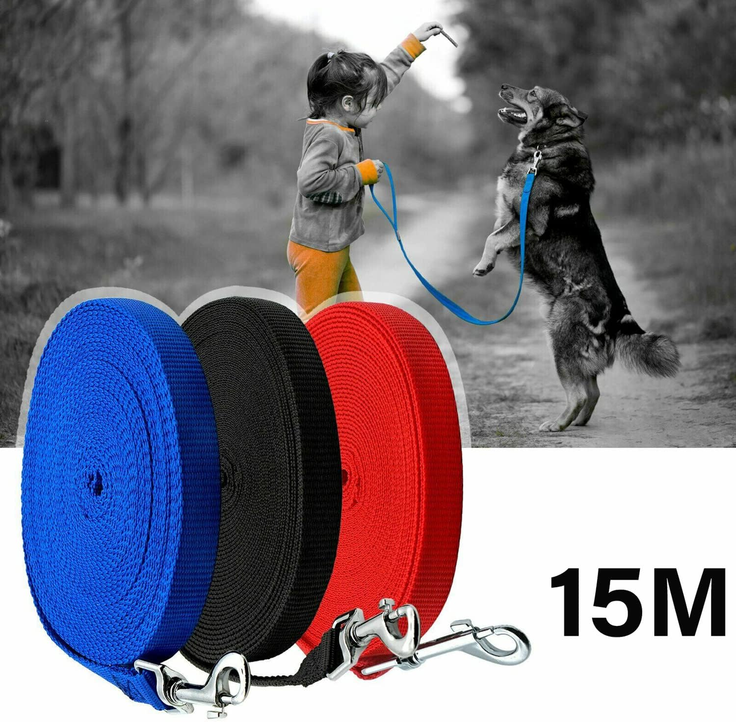 15M Long Dog Lead for Training & Outdoor &ndash; Lightweight Nylon Dog Leash with 360&deg; Tangle-Free Swivel Hook, Waterproof for Recall, Hiking, Camping (Blue) - Blue image number 5
