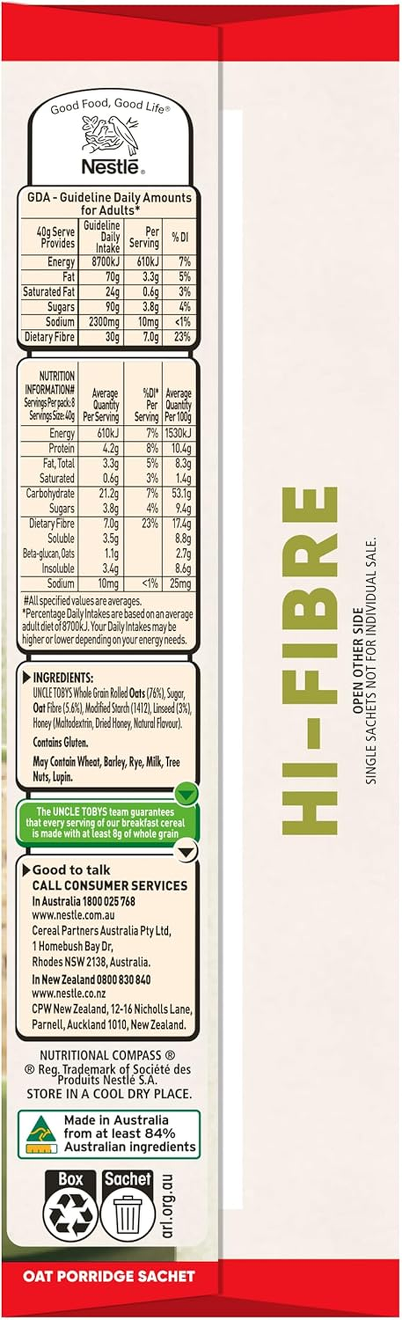 UNCLE TOBYS Oats Quick Sachets High Fibre, 8 Sachets image number 2