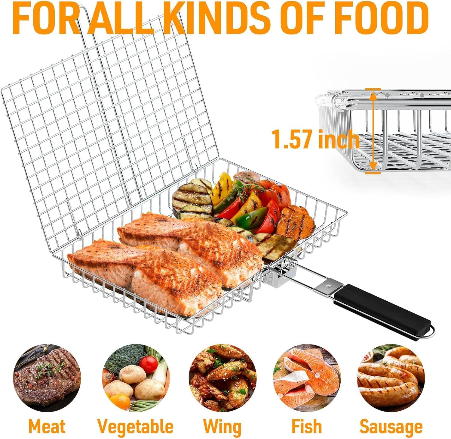 Grill Basket Extra Large,Barbecue Accessories,Stainless Steel BBQ Grill Basket Portable Camping Grilling Rack with Removable Handle for Fish,Vegetables,Grilling Gifts for Men, Dad (32 * 23 * 4CM)