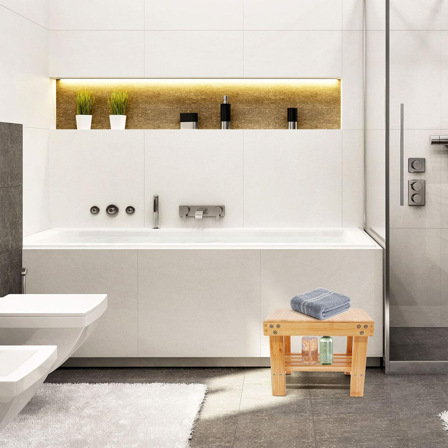 Utoplike Step Stool, Bamboo Small Stool, Bedside Stepstools for High Beds, Foot Rest Stool with Storage Shelf for Bedroom, Shower, Non-Slip Light Weight image number 6