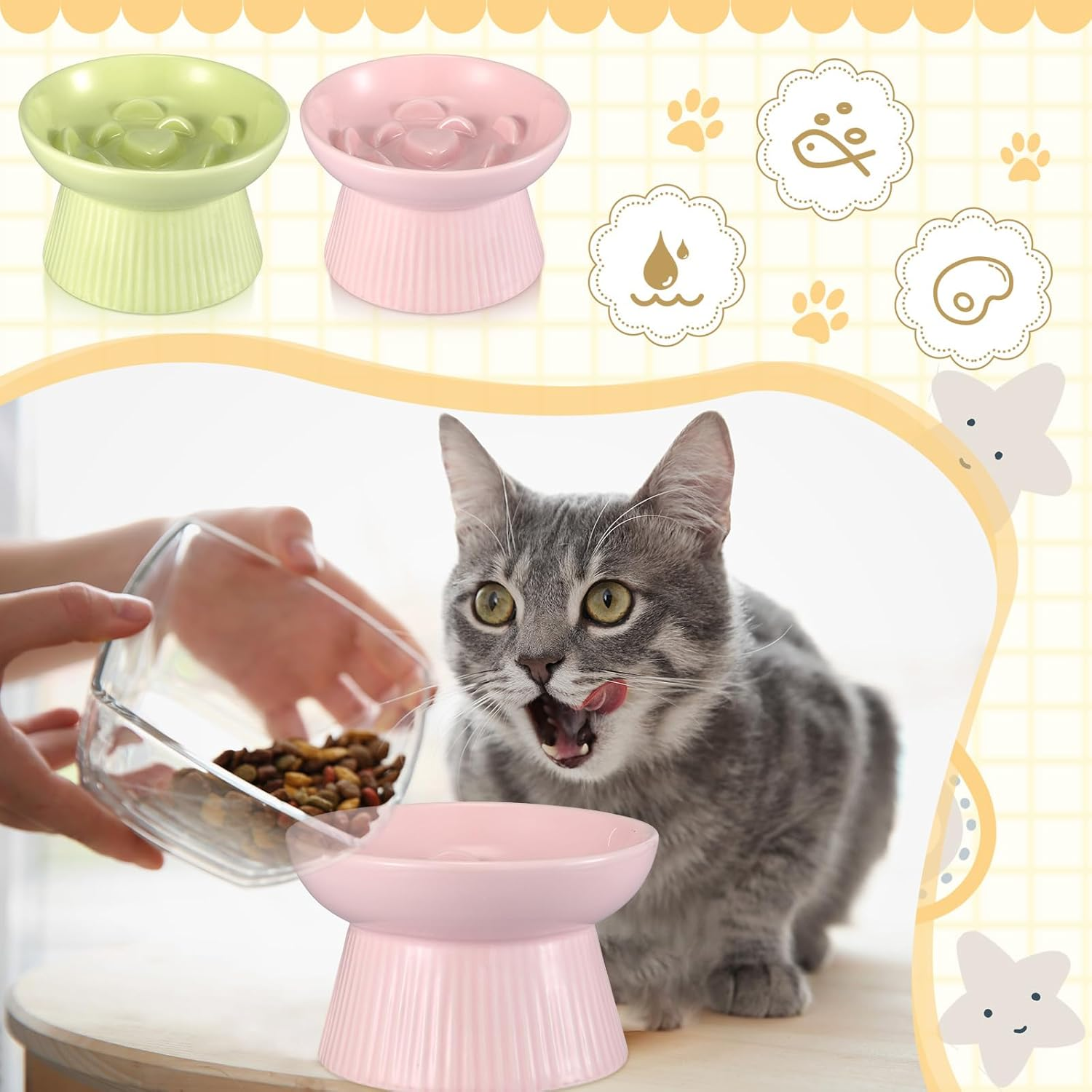 Layhit 2 Pack Raised Slow Feeder Cat Bowls Ceramic Elevated Cat Food Bowls anti Vomiting Slow Feeder for Dog and Kitten for Dry and Wet Food(Green, Pink) - Pink, White image number 2