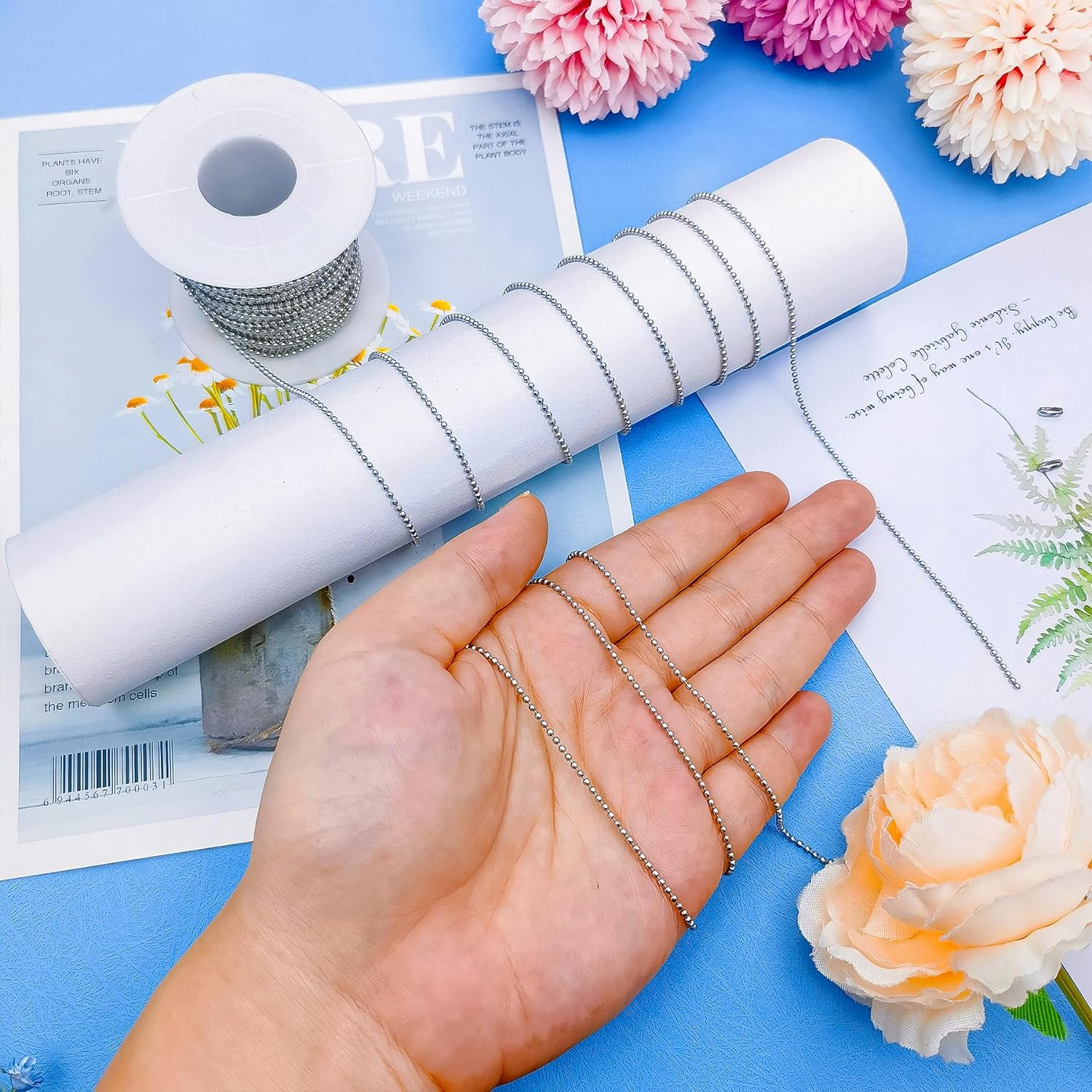 66 Feet Silver Ball Bead Chains 1.5Mm Stainless Steel Jewelry Links with 50Pcs Connectors Clasps for DIY Keychain Dog Tag Necklace Making image number 3