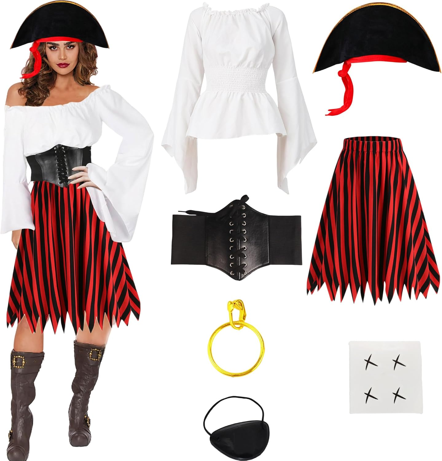 Pirate Costume Adult Halloween Costumes Women Pirate Shirt and Skirt Outfit with Hat Corset Eye Patch Accessories (White-Red Striped, XL) image number 5
