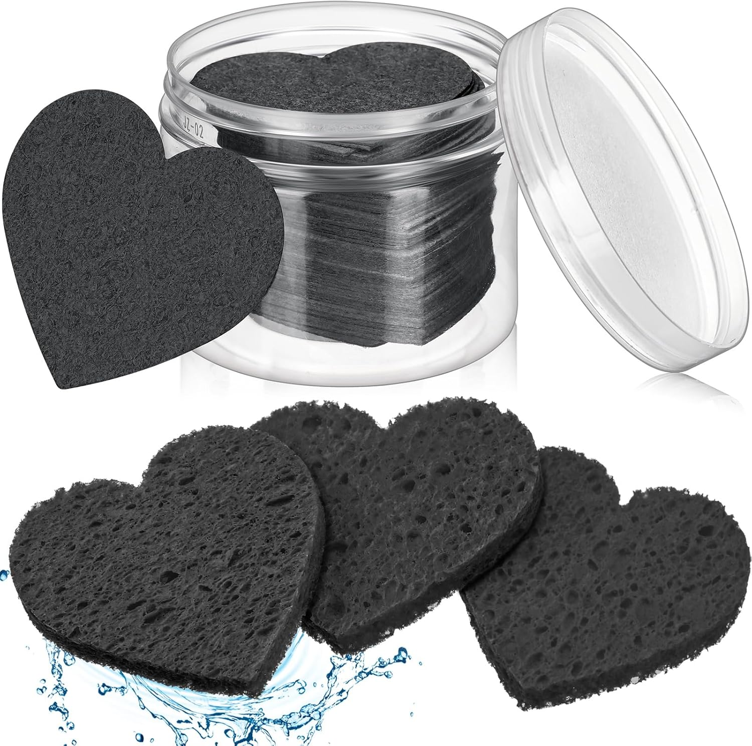 Nuenen 60 Pieces Facial Sponges with Container, Heart Shape Compressed Face Sponges Natural Cleaning Pads for Washing Face Cleaning Exfoliating Esthetician Makeup Removal(Black)