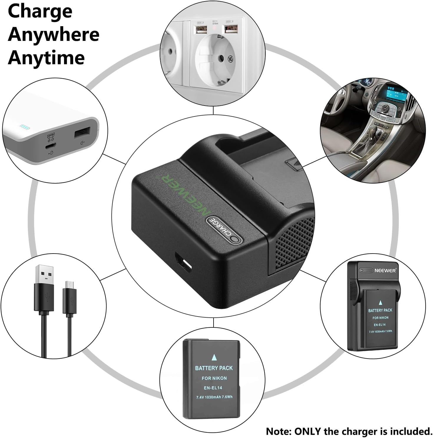 Neewer Slim Fast Micro USB Battery Charger for Nikon EN-EL14 En-El14A, Nikon D3200, D3100, D5500, D5300, D5200, D5100, D3300,DF DSLR, Coolpix P7800, P7700, P7000 Cameras, Multi Charging Option image number 3