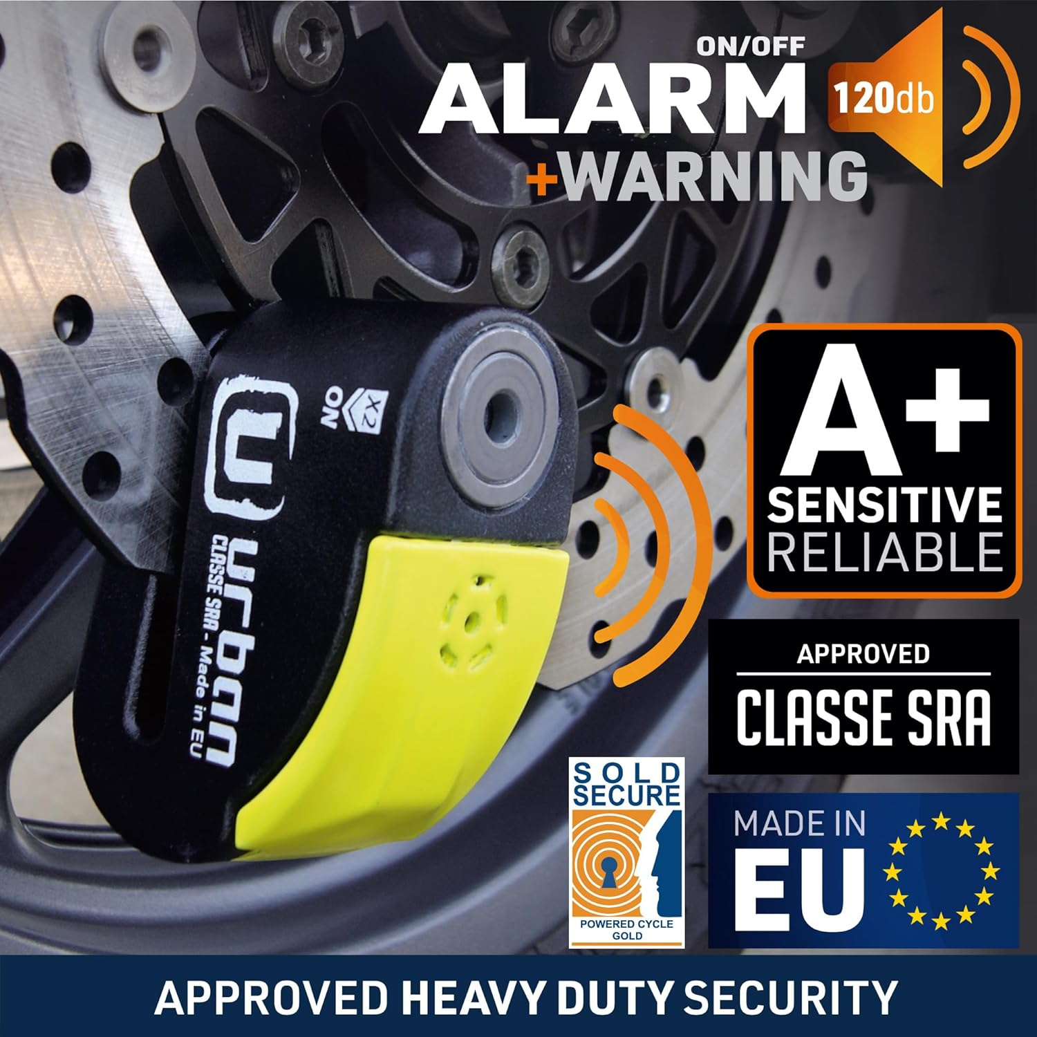 Urban UR10 Hi-Tech Disc Lock with or without Alarm X2 ON, Approved SRA, Warning LED, A+ Sensitivity, &Oslash;10 Double Lock Anti-Saw Security, Heavy Duty anti Theft Wheel Brake Lock for Motorcycle, Scooter image number 1