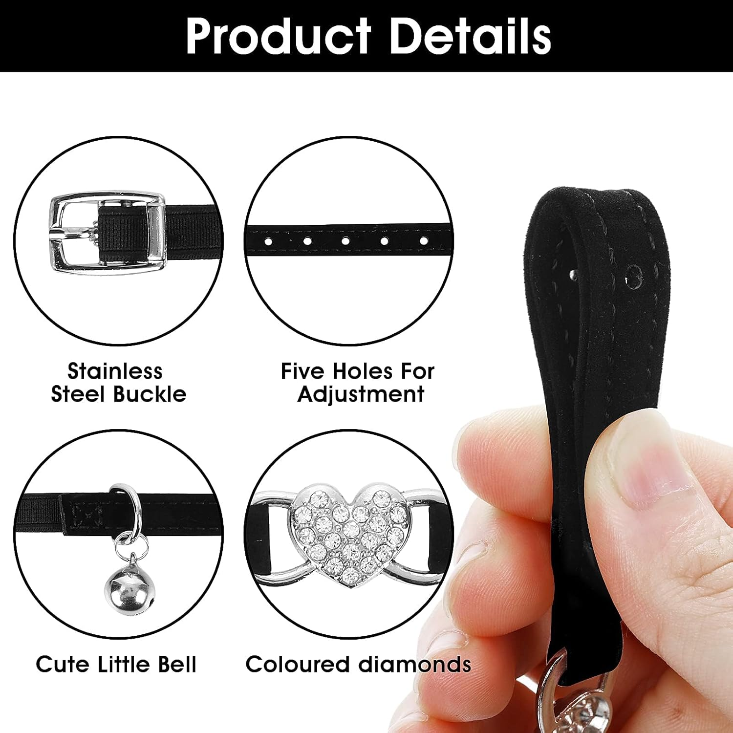 Heart Bling Cat Collar, Adjustable Collar with Safety Belt and Bell Rhinestone Collar for Kitten Small Dog Cat (Black)