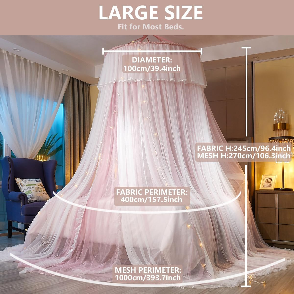 Elegant Double Layer Bed Canopy, Princess Lace round Dome Canopies Netting Mesh Bed Curtain Drapes for Kids Adults Children Dreamy Mosquito Nets Bedroom Decoration Castle Play Tent Reading Nook image number 4