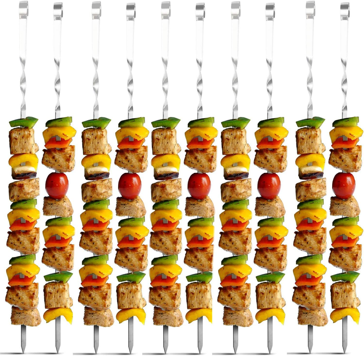 Antallcky 12 Pack Kabob Skewers BBQ Barbecue Skewers Stainless Steel Sticks 22 Inch Heavy Duty Large Wide Reusable with Nonslip Ring Handle Ideal for Shish Kebab Chicken Shrimp and Vegetables image number 3