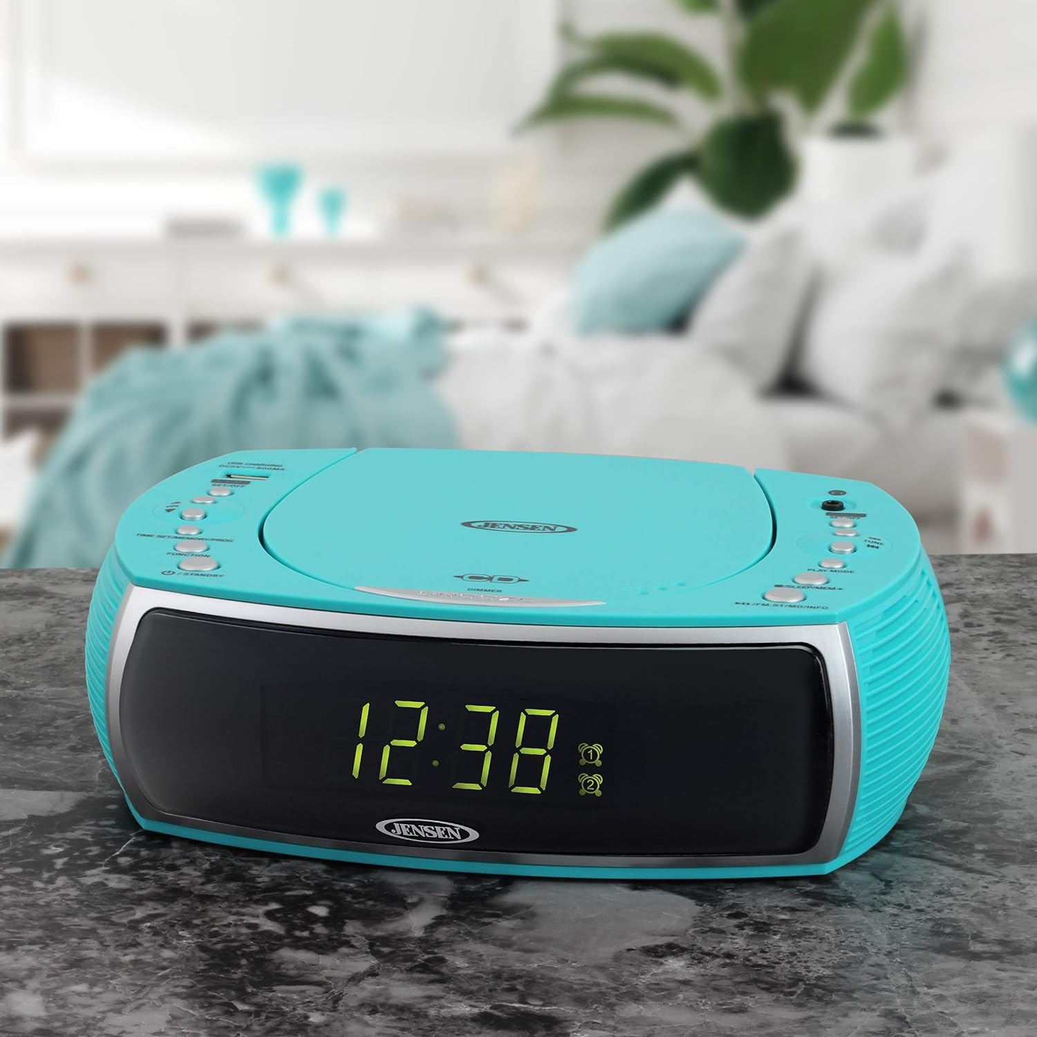 Jensen Turquoise Modern Home CD Tabletop Stereo Clock Digital AM/FM Radio CD Player Dual Alarm Clock Stereo CD Top-Loading Disc Player | USB Charging Port DV 5V 800Ma | Headphone Jack | 0.9 Display