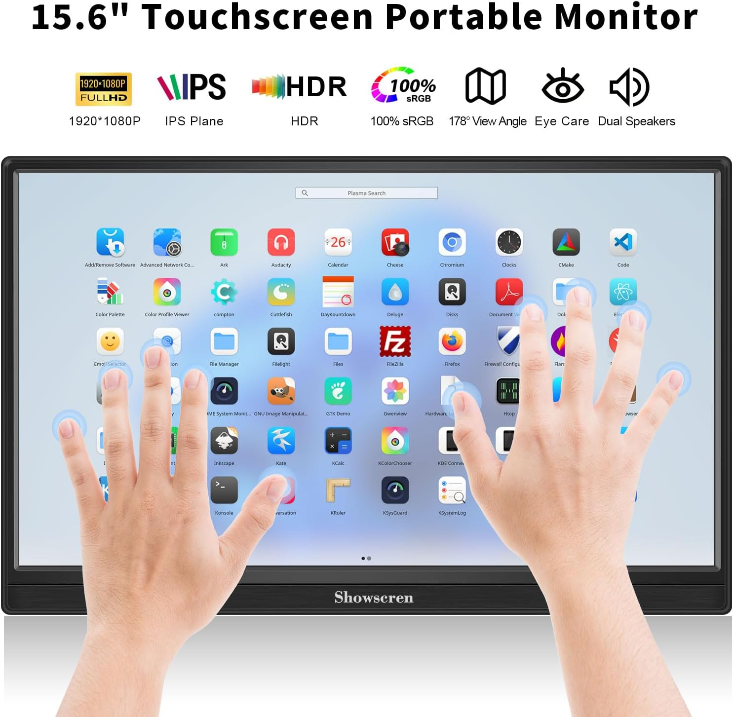 Showscren Portable Monitor 15.6 Inch Touchscreen Monitor FHD 1920X1080 HDR IPS 10 Point Touch USB C+HDMI+USB Touch Monitor with Dual Speakers, Ultra-Thin Monitor for Pc/Laptop/Mac/Xbox/Switch/Ps4/5 image number 1