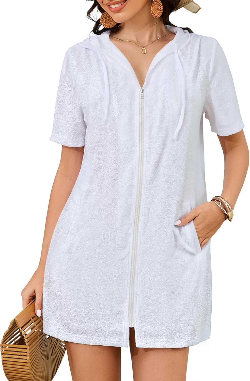 Bsubseach Terry Cloth Cover up for Women Zipper Hooded Swim Robes Beach Shirt with Pockets