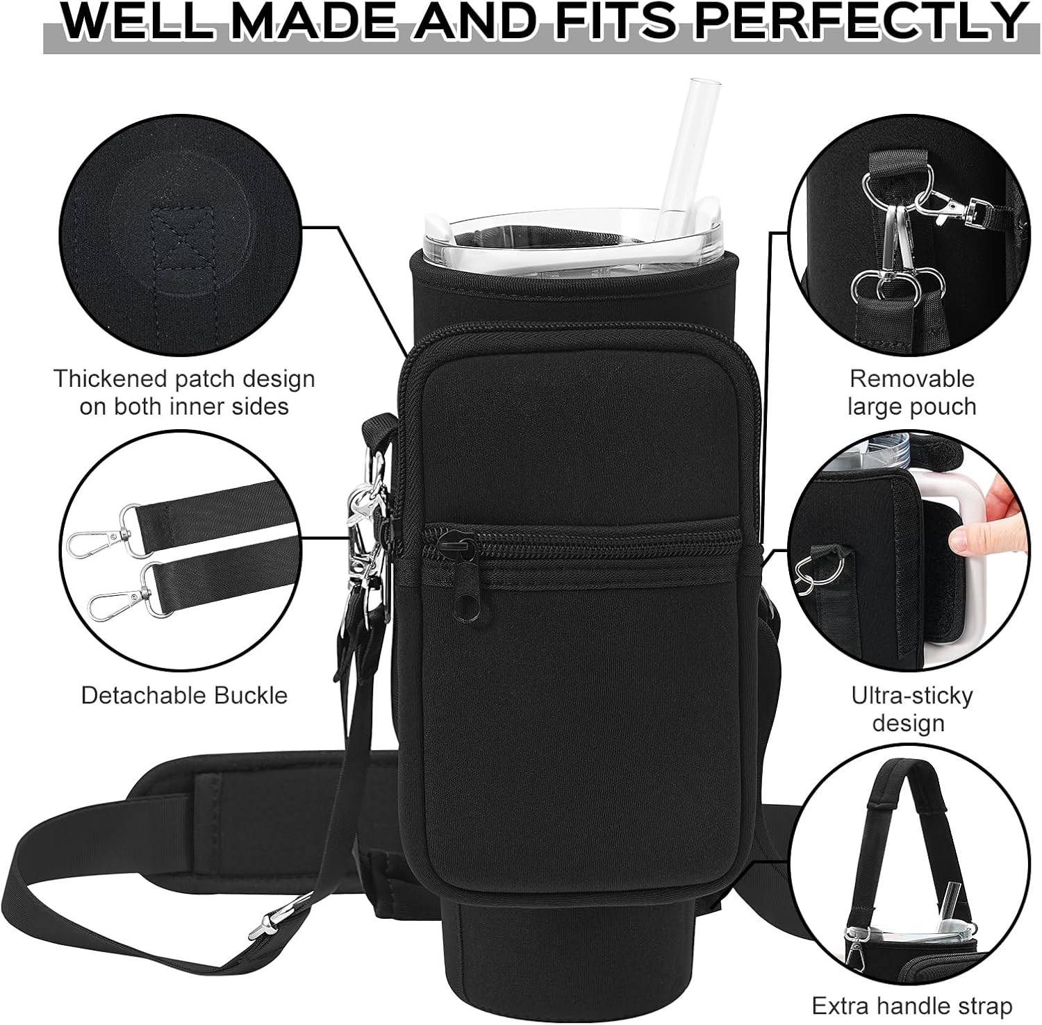 PRAGATISM Water Bottle Carrier Bag with Pouch for Stanley 30 Oz Tumbler with Handle, Neoprene Water Bottle Holder Pocket with Adjustable 4.9FT Strap, Bottle Pouch for Stanley Cup Accessories - Black image number 5