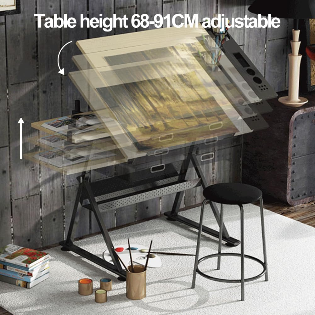 Drawing Tables for Artists,Height Angle Adjustable Drafting Desk W/2 Drawers Craft Station W/Metal Frame Tiltable Art Desk Work Station for Painting, Writing, Studying (Wood) image number 2