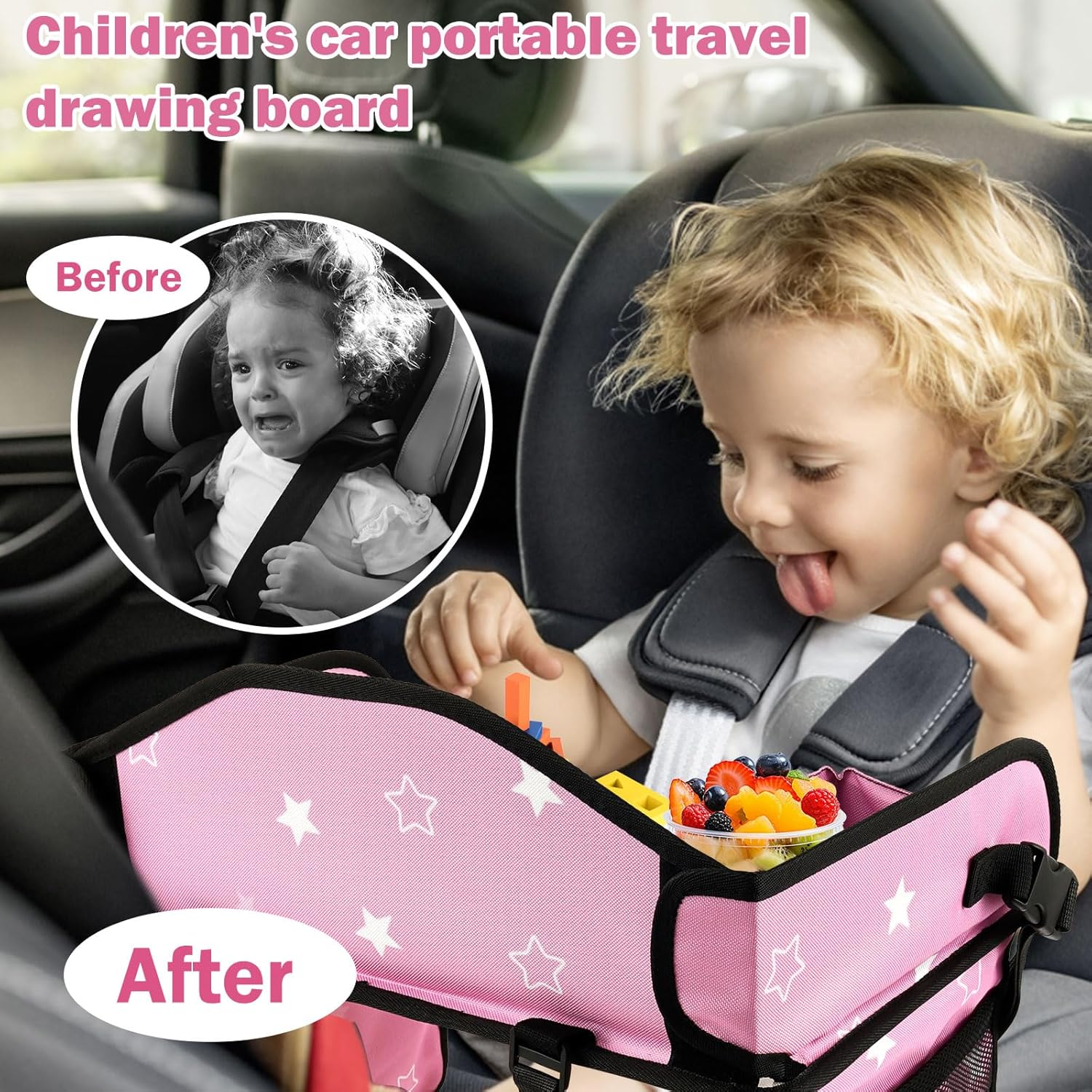 Kids Travel Tray, Portable Waterproof Kids Road Trips Car Seat Tray with Padded Shoulder for Road Trip Activities and Airplane Use​ 43.6X33X25Cm (Pink) - Pink image number 3
