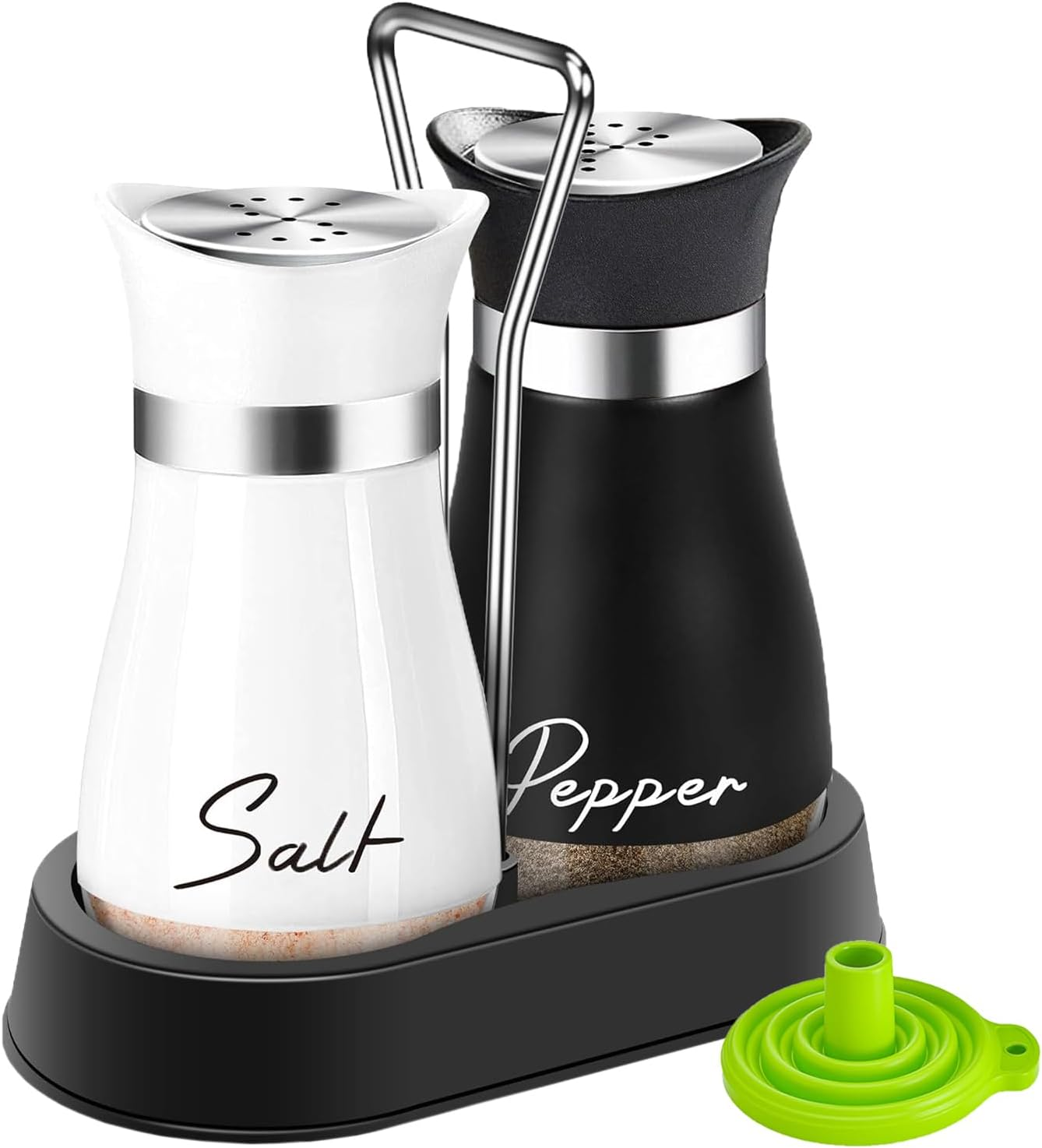 UDQYQ Salt and Pepper Shakers Set with Holder,Cruet Sets Stainless Steel Salt and Pepper with Glass Bottom,Refillable Salt Shaker Kitchen Gadgets for Counter Modern Decor Table (Black + White)