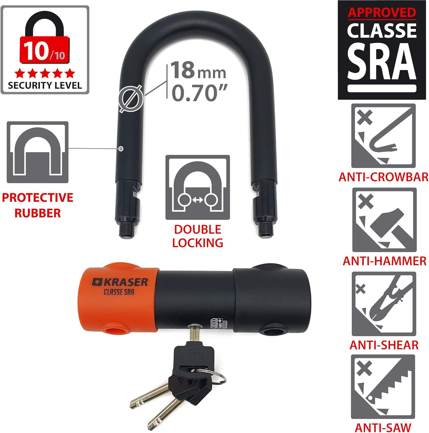 KRASER KR85S Robust U Lock, SRA Approved, High Security Tested, 85X120Mm/3.34X4.72In &Oslash;18Mm/0.7In Double Locking Shackle, Anti-Pick Lock, anti Theft U Lock for Motorcycle, Scooter, Electric Bike