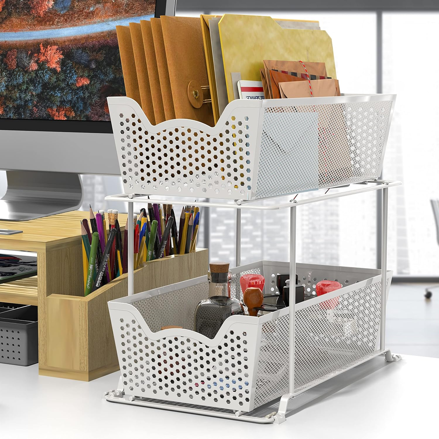 Simplehouseware 2 Pack 2 Tier Pull Out Sliding Drawer for under Sink Storage and Pantry Organiser, White image number 6