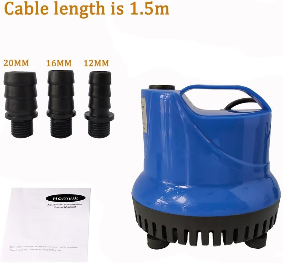 Homvik 25W Submersible Water Pump for Fountain Aquarium Pond Garden and Water Pump Hydroponics System with 3 Nozzles AC220-240V 1.8M Lift Height 1200L/H image number 2