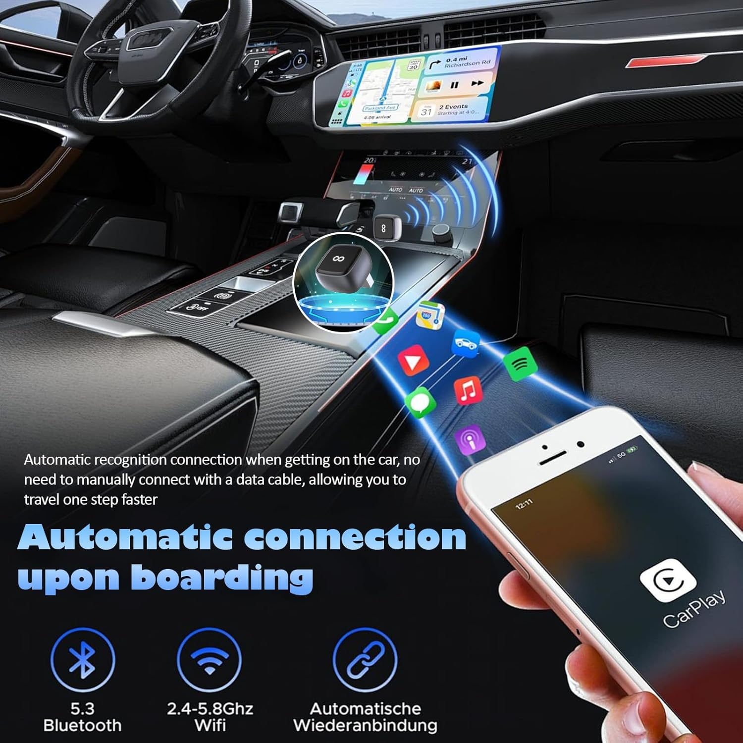 Wireless Carplay Adapter, 2025 Upgrade Mini Edition, Convert Wired to Wireless Carplay Adapter for Ios 10+ & Cars from 2015+, Fast Stable Dongle Connect, Usb/Type-C Extension Cable image number 2