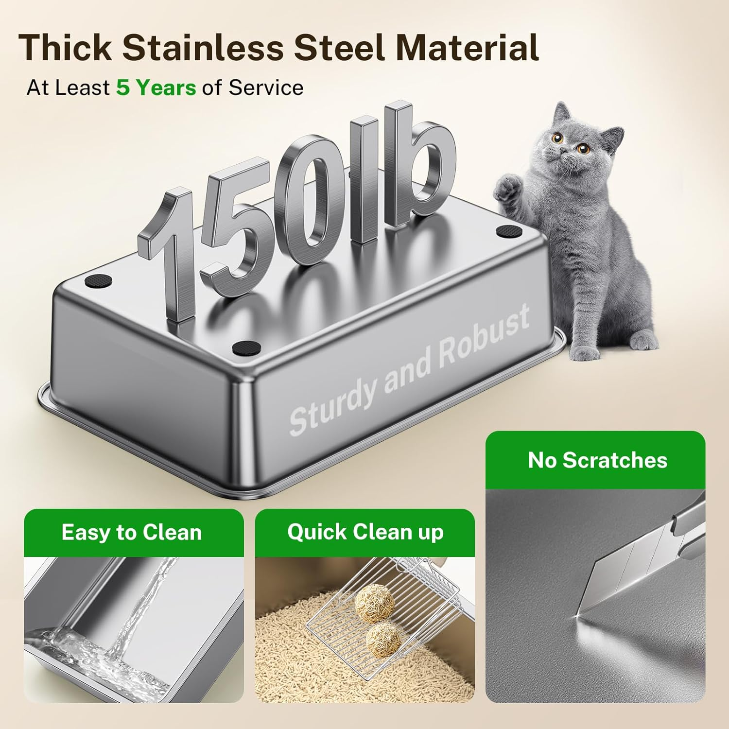 PKBD XL Stainless Steel Cat Litter Box with Removable Lid, Extra Large Cat Litter Box for Big Cats, High Sided 304 Metal Pan, anti Leakage, Odor-Free & Easy Cleaning,Included Scoop and Mat (Grey) image number 5