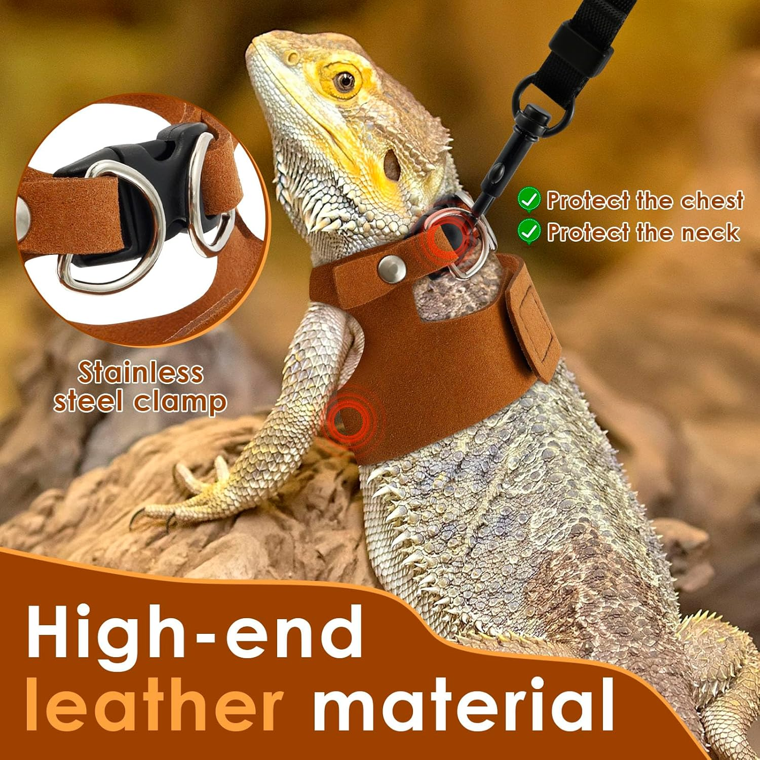 3 Pack Bearded Dragon Harness and Leash Adjustable Soft Leather Lizard Harness 3 Sizes with Leash Accessories for Bearded Dragon Lizard Squirrel image number 2