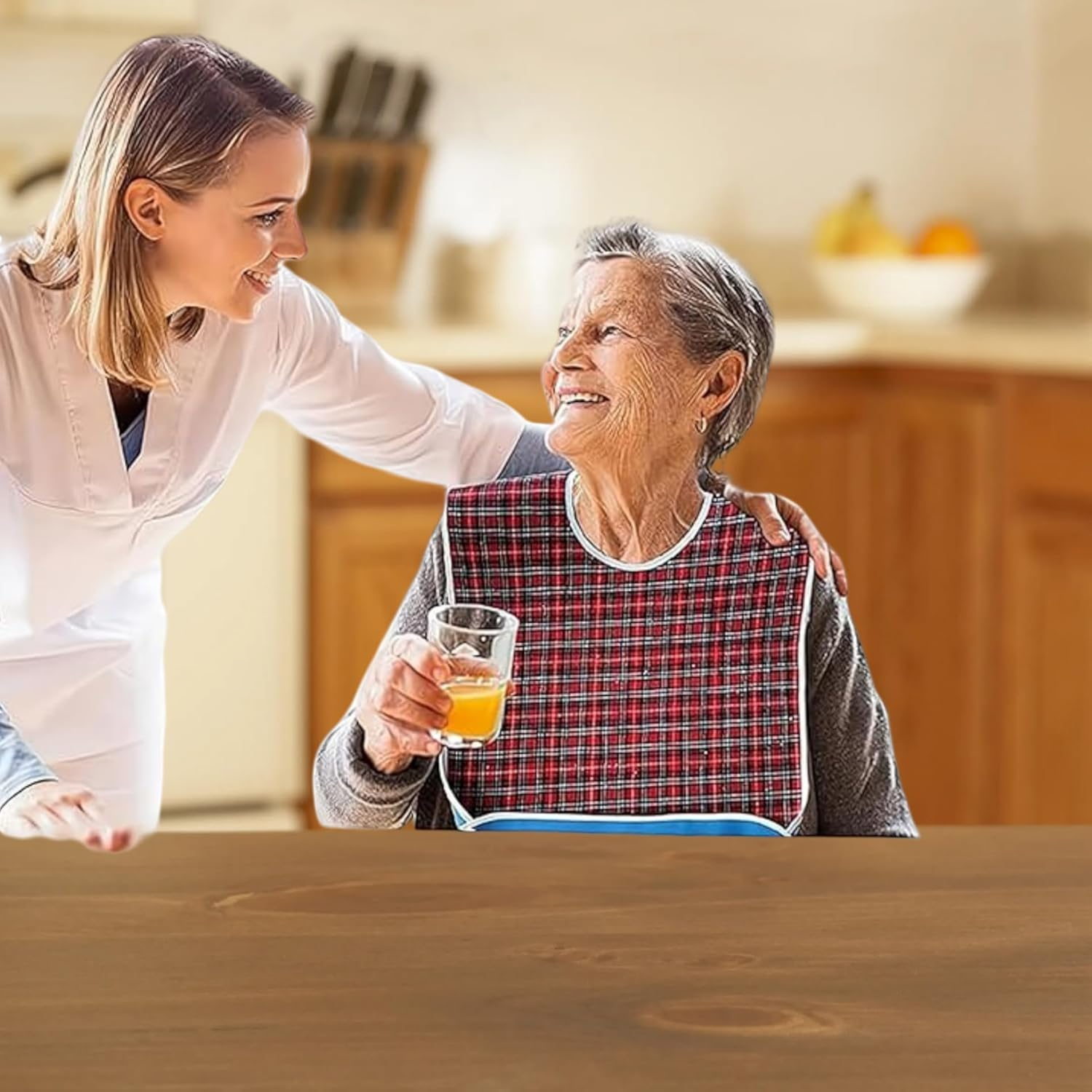 Waterproof and Reusable Washable Mealtime Clothing Protectors for Elderly Men and Women, Checkered, 2Pcs Adult Bibs with Crumb Catcher image number 3