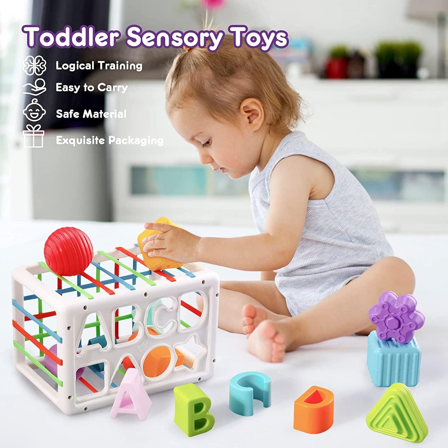 Baby Sensory Shape Sorter Blocks Toy, Activity Cube, Montessori Educational Learning Fine Motor Skills Toys for Babies Toddlers image number 3