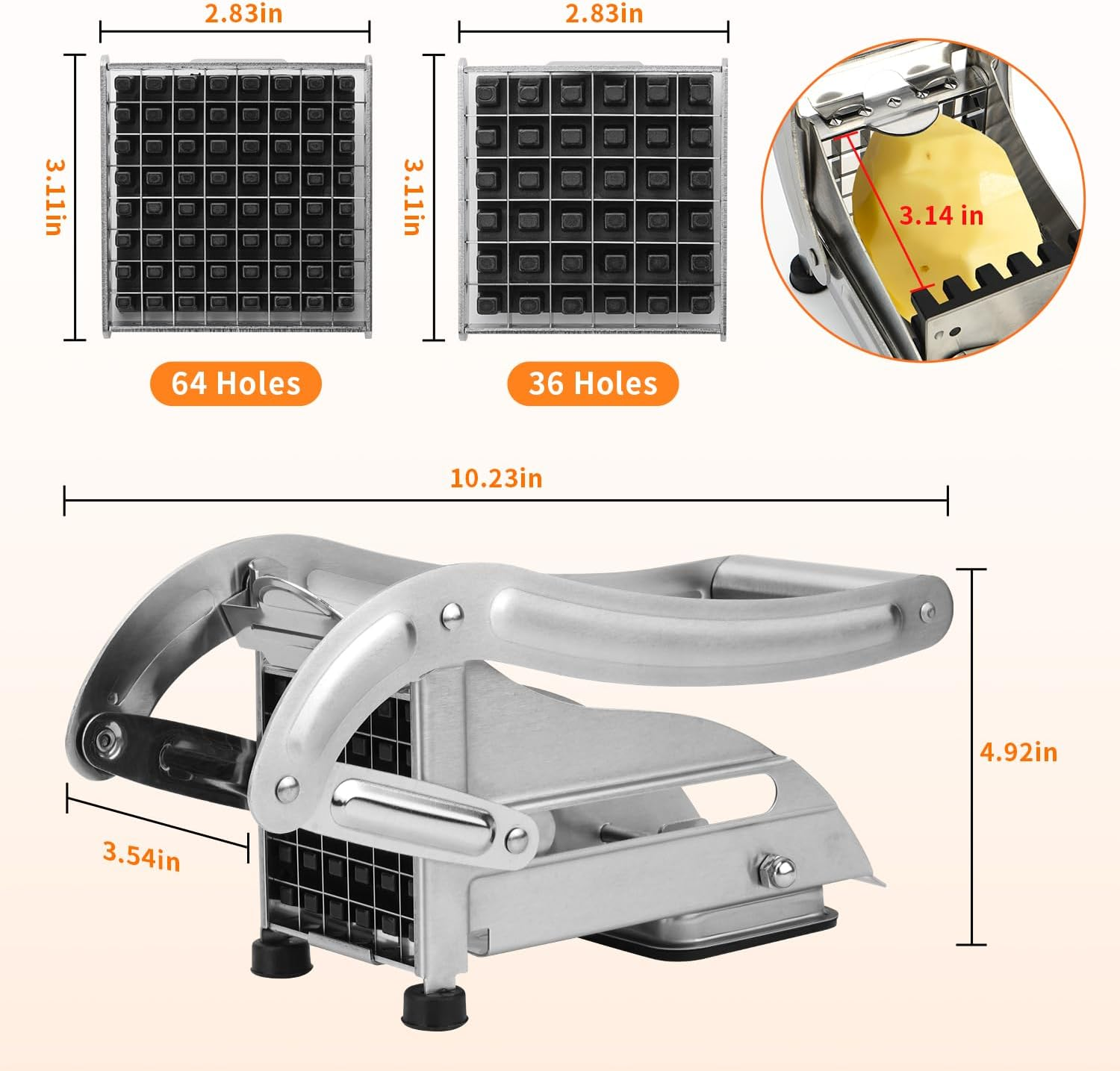 Commercial Grade French Fry Cutter,French Fry Cutter with 2 Blades,Stainless Steel Vegetable and Potato Slicer,Heavy Duty Potato Slicer,Non-Slip Suction Base,Perfectly Cut Potatoes (Silver)
