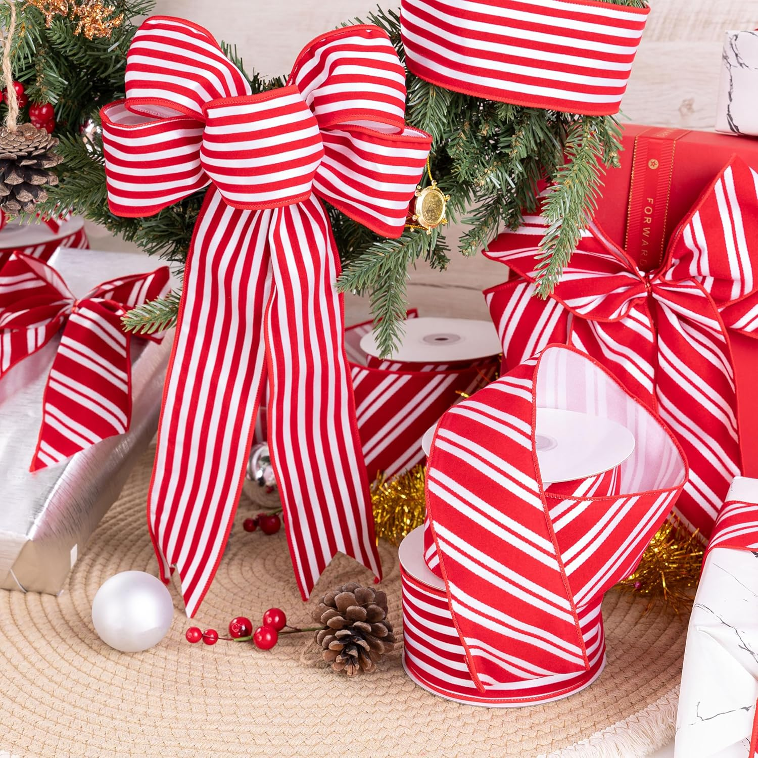 Red Velvet Striped 2.5Inch Wide*10Yards Red Velvet Striped Wired Ribbon and White Satin for Christmas Tree,Holiday,Garland,Gifts,Wrapping,Wreaths,Bows(2.5" Stripe) image number 7