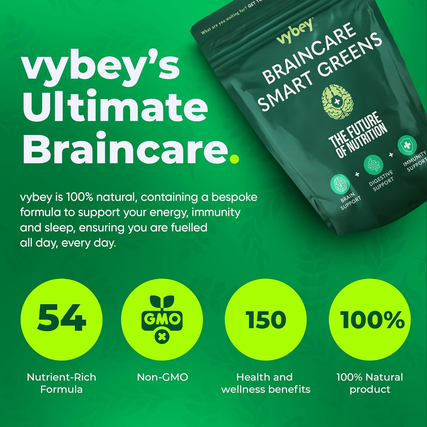 Vybey&reg; Braincare Smart Greens | 54 Nutrient-Rich Formula | Superfoods + Nootropics & Adaptogens | Vegan & Gluten-Free | Mango | Reduces Bloating & Relieves Stress | 180G Pouch (15 Servings) image number 4