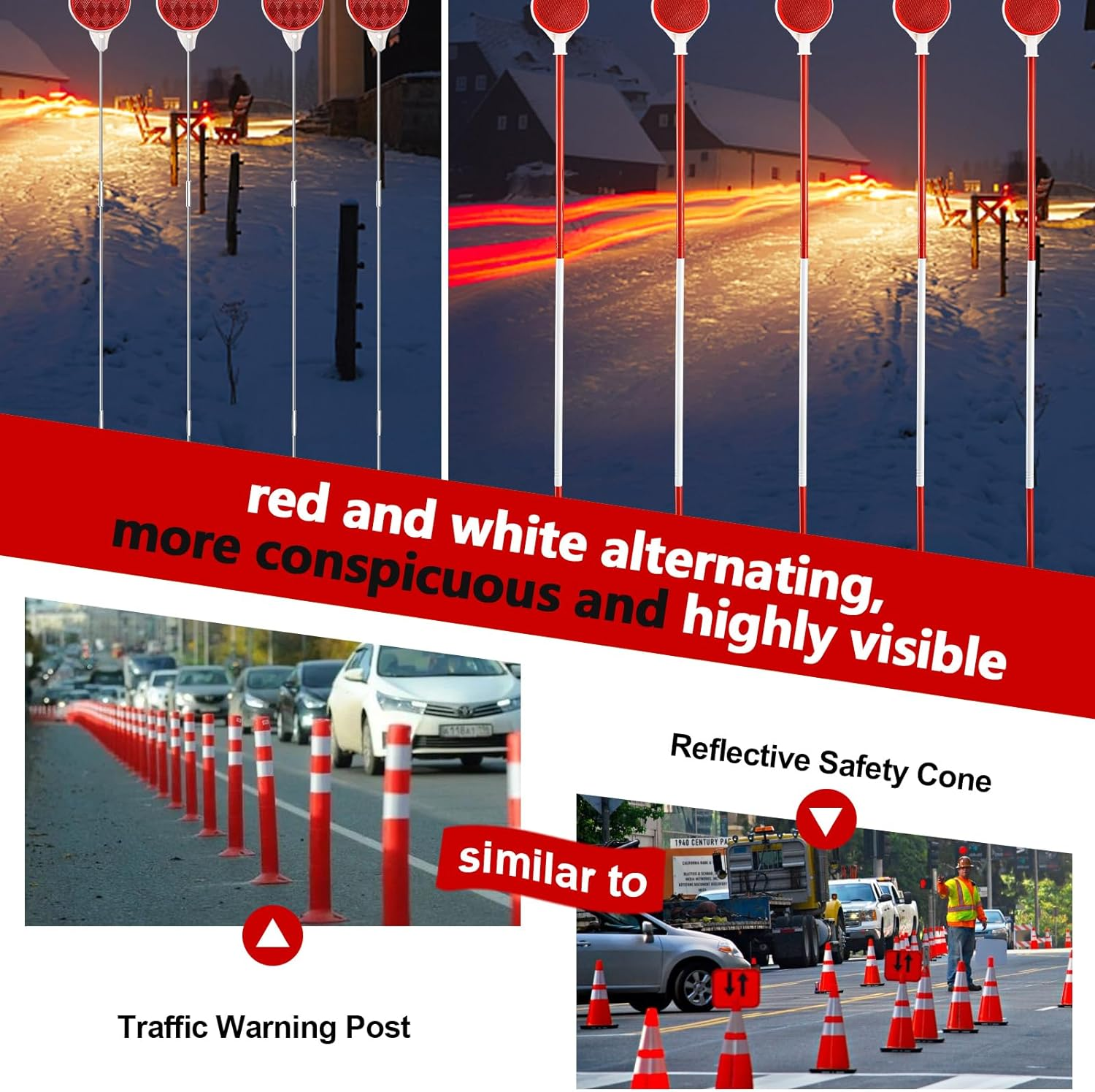 Reflective Driveway Markers - 50&rdquo;High Visiblility Driveway Reflectors Double Sided with Red & White Extra Thick Stainless Steel Pole - Rustproof for Road,Property Line,Yard,Snow Plowing - 8 Pack image number 3