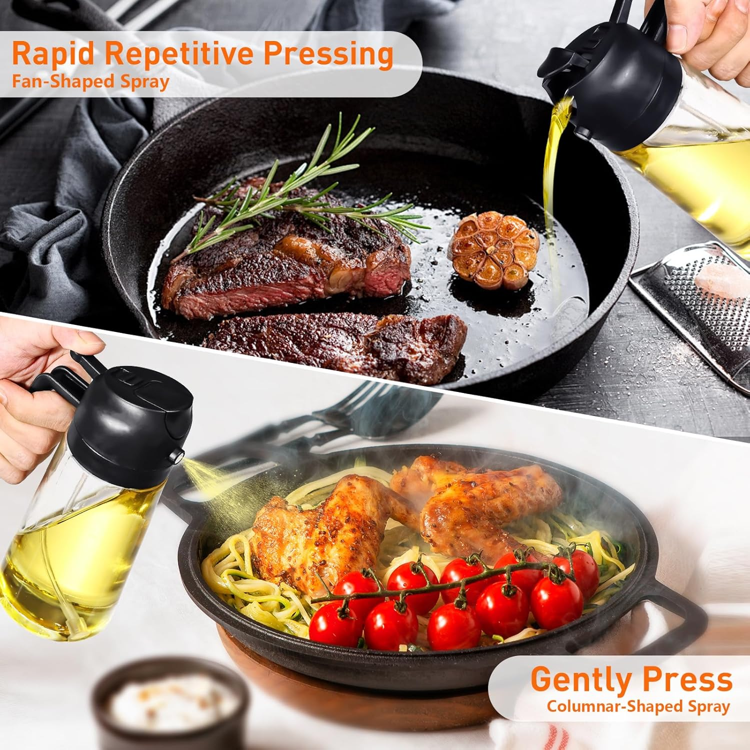 Lychico Oil Dispenser Bottle 470Ml/16Oz, 2 in 1 Oil Dispenser and Oil Sprayer, Food Grade Spray Bottle for Kitchen Cooking, Oil Dispenser for BBQ, Salad, Baking Steak, Air Fryer, Black