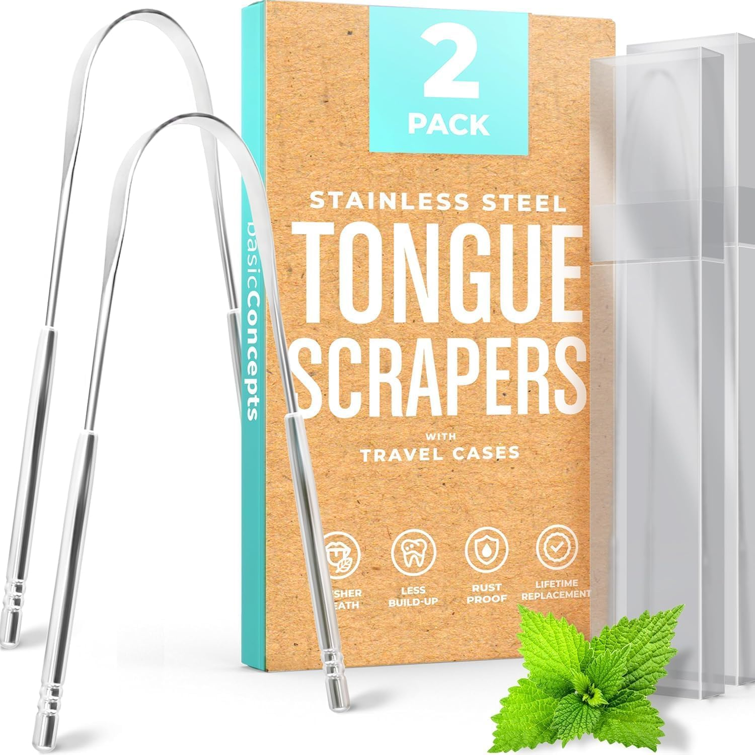 Tongue Scraper (2-Pack), Cure Bad Breath (Medical Grade), Stainless Steel Tongue Cleaners, 100% BPA Free Metal Tongue Scrapers for Fresher Breath in Seconds