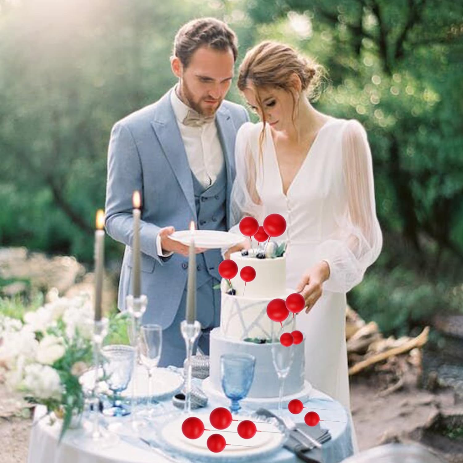 30Pcs Mini Balloon Cake Topper, round Foam Cupcake Topper Ball Cake Decoration,Diy Cake Insert Topper for Birthday Anniversary Graduation Party Decor Red - Blue image number 7