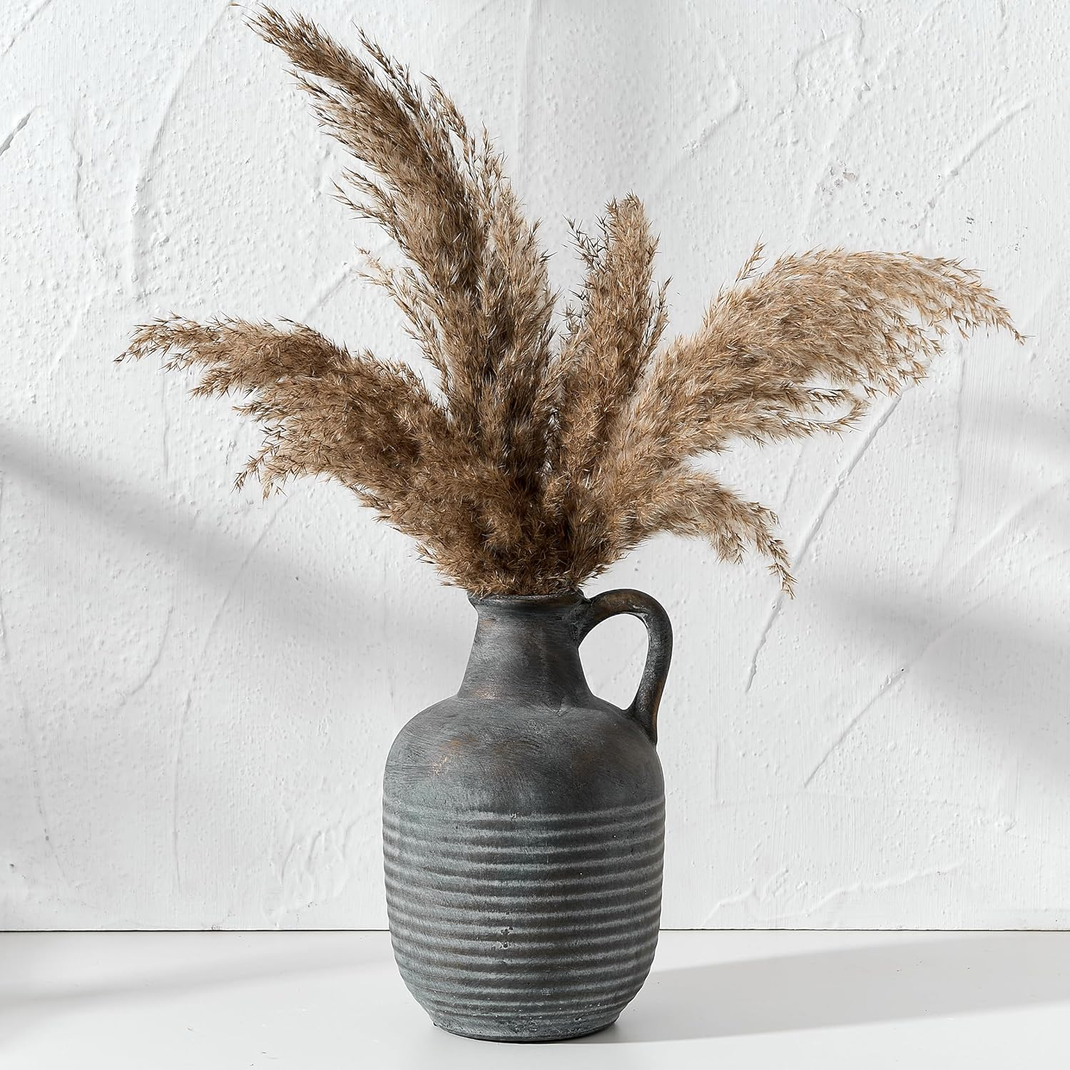 SIDUCAL Rustic Ceramic Farmhouse Flower Vase with 1 Handle-Height 8.43" Terracotta Vase, Unique Textured Pottery Flower Vases for Home Decor, Table, Wedding, Living Room, Shelf Decor, Bronze Black image number 1