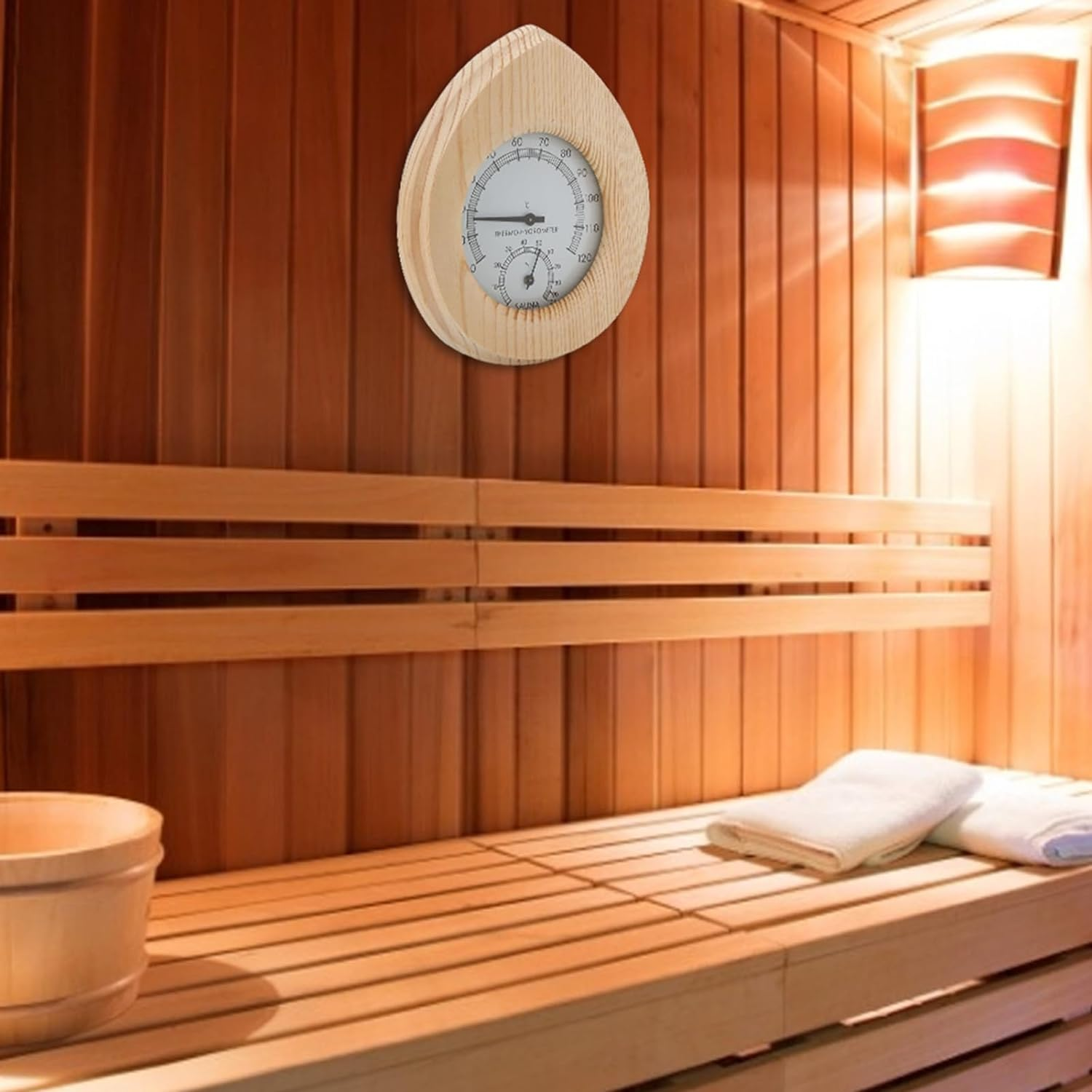 Changor Sauna Hygrometer Thermometer 2 in 1 Drop Shaped Design Handmade Wooden Thermo Hygrometer for Sauna Room Steam Room image number 3