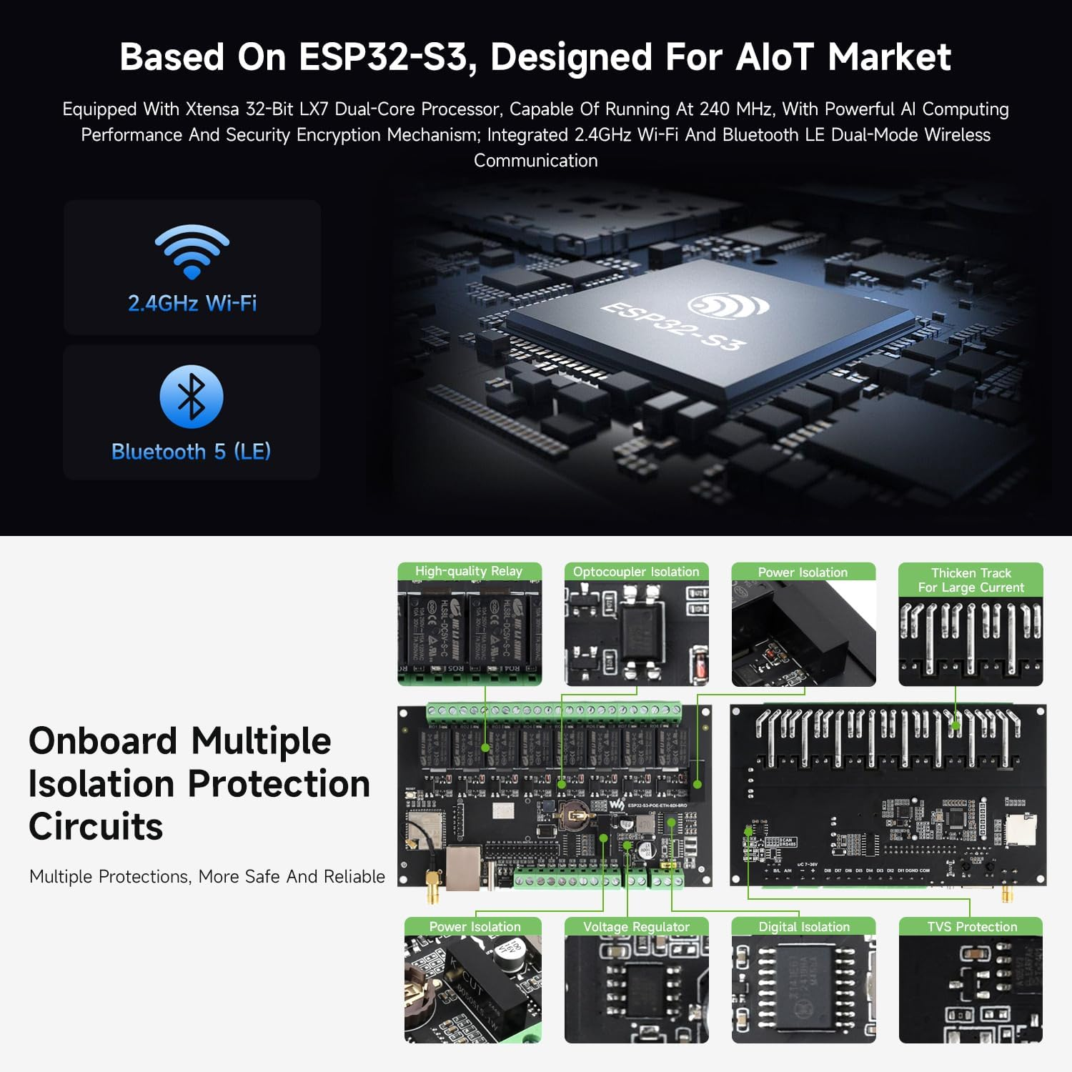 Waveshare Industrial 8-Channel ESP32-S3 Wi-F Relay Module, Isolated CAN Interface, Xtensa 32-Bit LX7 Dual-Core Processor, 240Mhz, Multiple Isolation Protection Circuits, Poe Ethernet Port image number 5