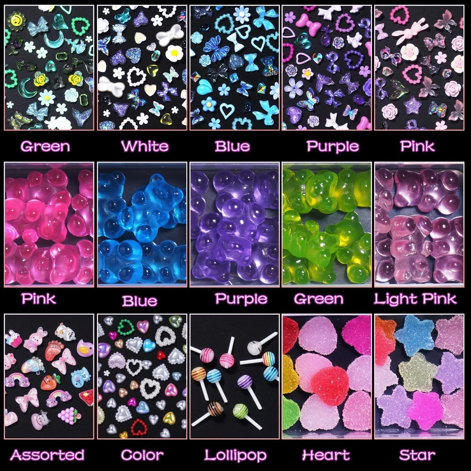Anoleair 3D Nail Charms Assorted Mix Bear, Heart, Flower, Butterfly, Candy, Lollipop, Bowknots, Pearls - 15 Mixed Color Pieces for Nail Art DIY Accessories