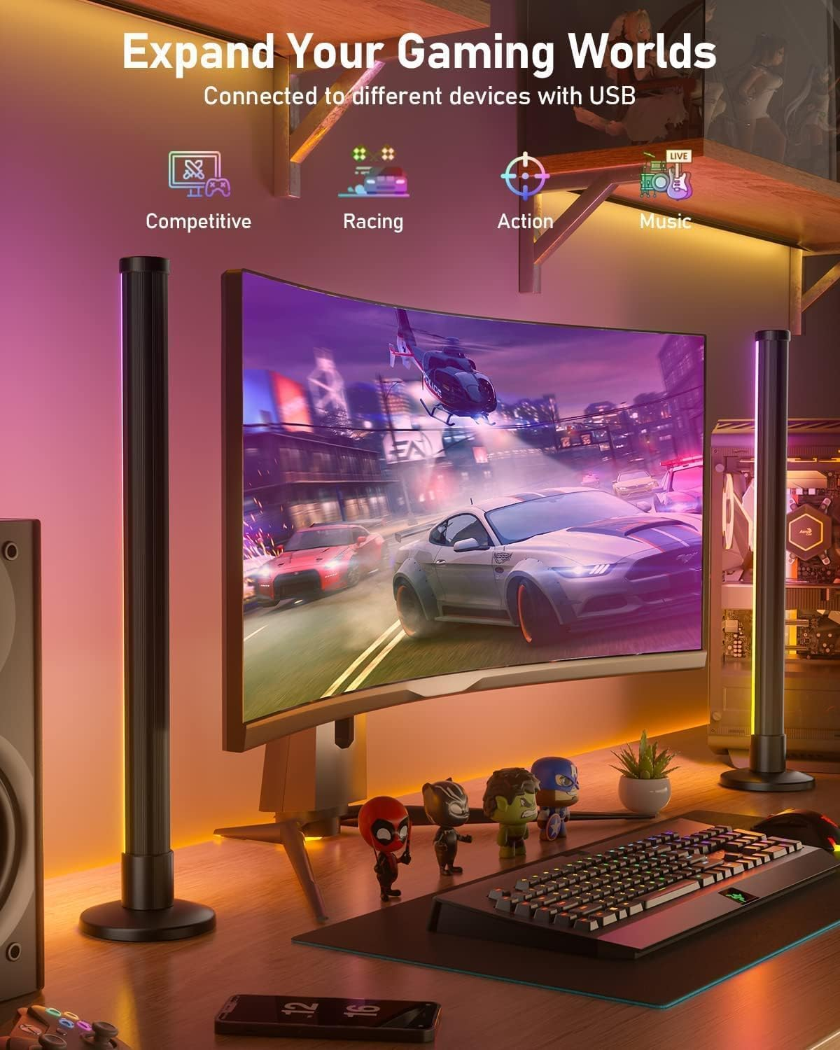 TONGLIN Smart LED Light Bars, 2Pack 42Cm RGB Light Bars, Smart Light Bar with Diy/Music Sync/8 Scene Modes, Gaming Lights TV Backlight with App Control, Colour Changing Light - 360&deg; Lighting image number 4