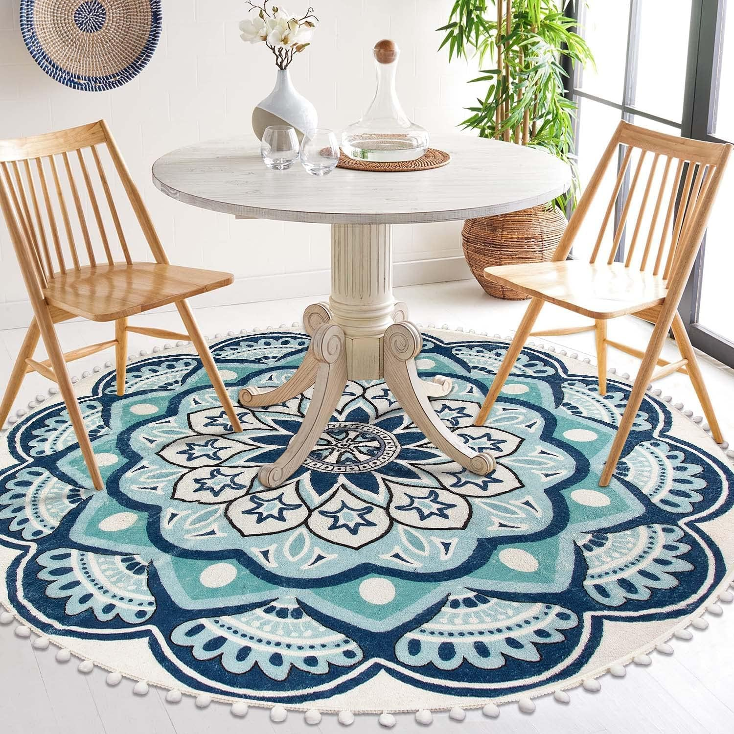 Uphome round Rug 5.3Ft Blue Circle Boho Rug with Pom Pom Fringe Machine Washable Non-Slip Sofa Floor Mat Soft Cute Blooming Mandala Carpet for Living Room Bedroom Kid'S Room Nursery image number 3