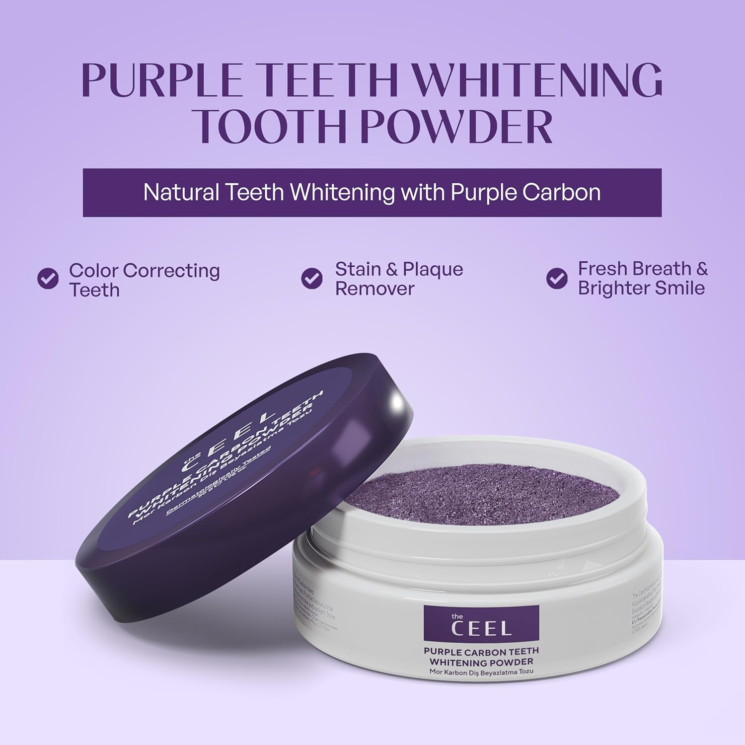 Purple Teeth Whitening Tooth Powder with Activated Charcoal & Mica - Color Correcting Yellow Teeth Oral Care Formula with Mint & Xylitol - Fresh Breath, Healthy & Brighter Smile - 50G image number 3