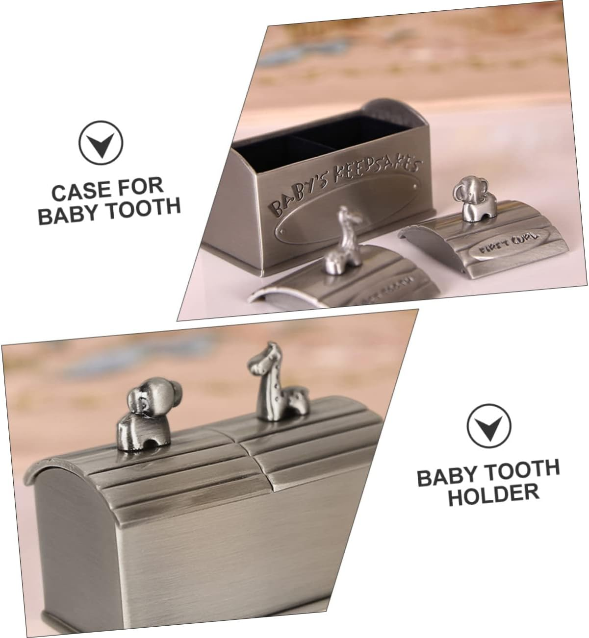 Baby Tooth Keepsake Box and Organizer for Boys and Girls Metal Baby Tooth Holder Case in Antique Tin Finish Storage for Memory Preservation