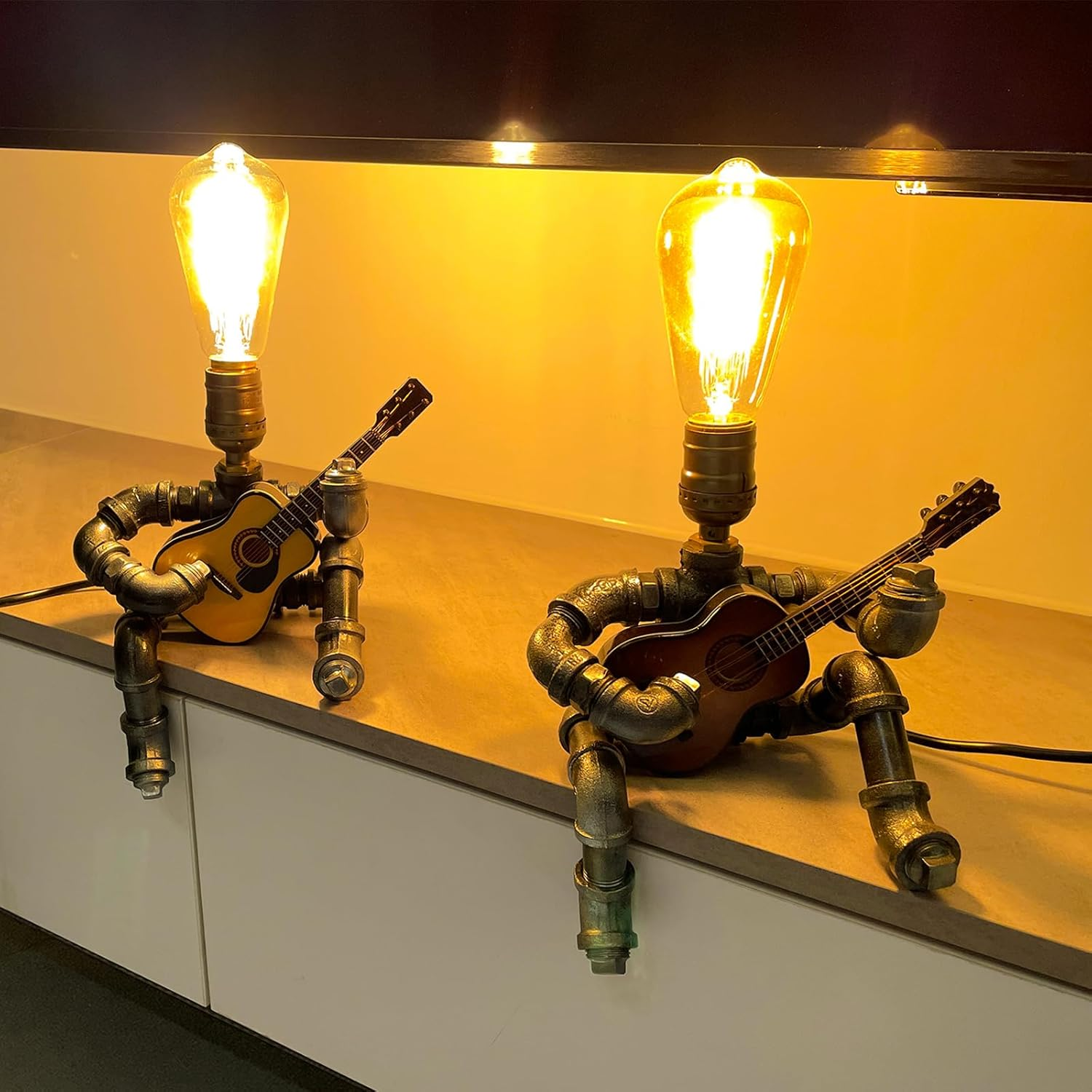Fhomhair&Greine Music Guitar Table Lamp Art Decor, Cool Guitar Stuff Gifts for Men Music Lovers Guitar Players, Steampunk Pipe Man Edison Bulb Lamps, Retro Guitars Metal Pipe Industrial Robot Lights image number 3
