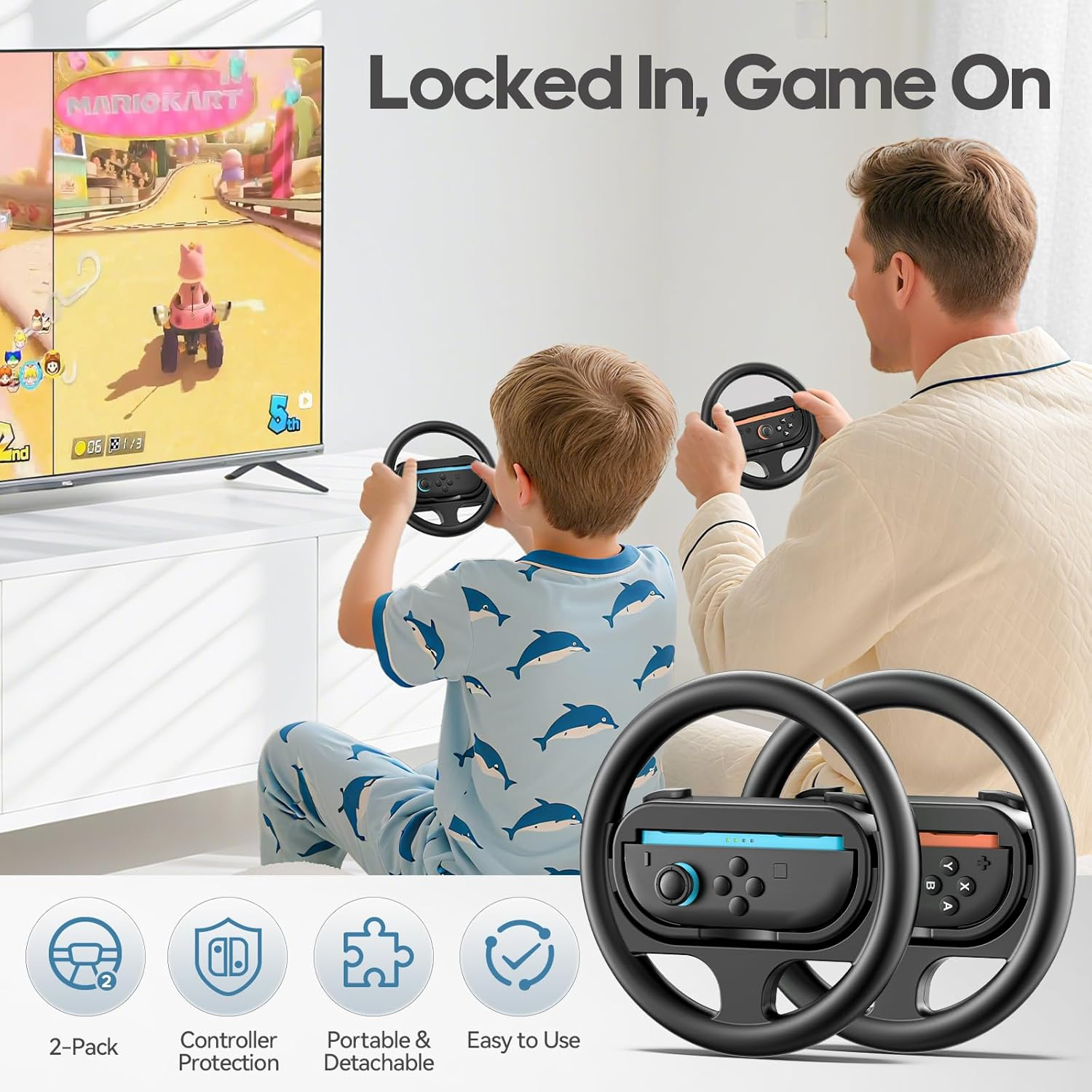 Rysker Steering Wheel & Grip Compatible with Nintendo Switch 2 Joycon, Joycon 2 Racing Wheel with Detachable Controller Grip for Mario Kart World 8 Deluxe, Switch Attachment Accessories, 2 Packs Black image number 5