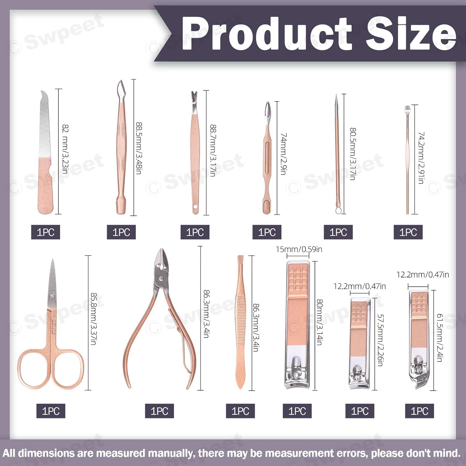 Swpeet 12Pcs Manicure Set, Nail Clippers Set, High Precisio Stainless Steel Nail Cutter Pedicure Kit Grooming Kit Manicure Fingernails, Toenails with Portable Stylish Case for Personal Care, Rose Gold image number 6