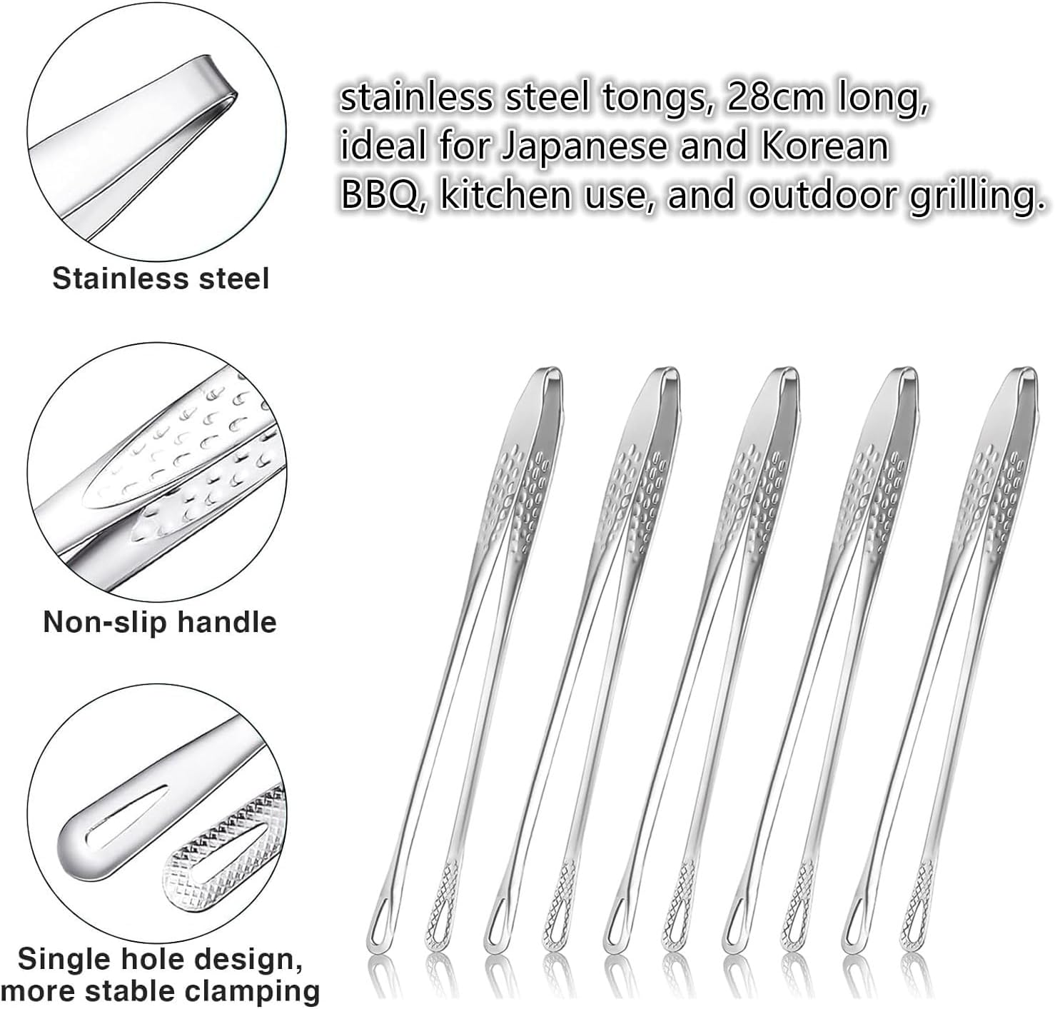 Stainless Steel Kitchen Tongs ，Stainless Steel Grill Tongs Kitchen Food Tongs Tweezers Cooking Clamp Tool for Salad Fish Steak Barbecue Buffet Meat（5 Pcs ） image number 6