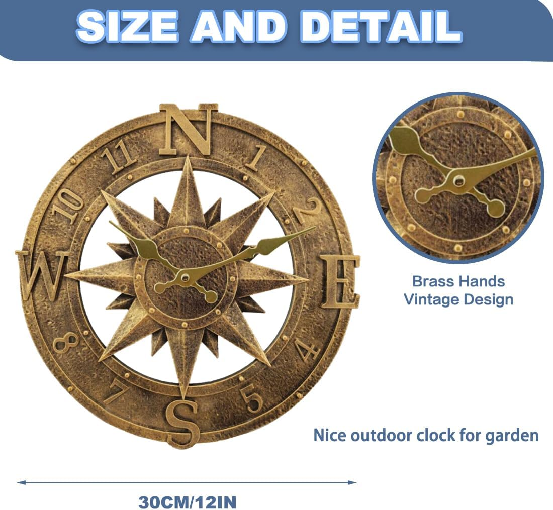 Outdoor Wall Clock, 12 Inch Waterproof Retro Garden Clock for Swimming Pool, Balcony, Patio and Deck, Non Silent (Bronze) - Brone image number 5